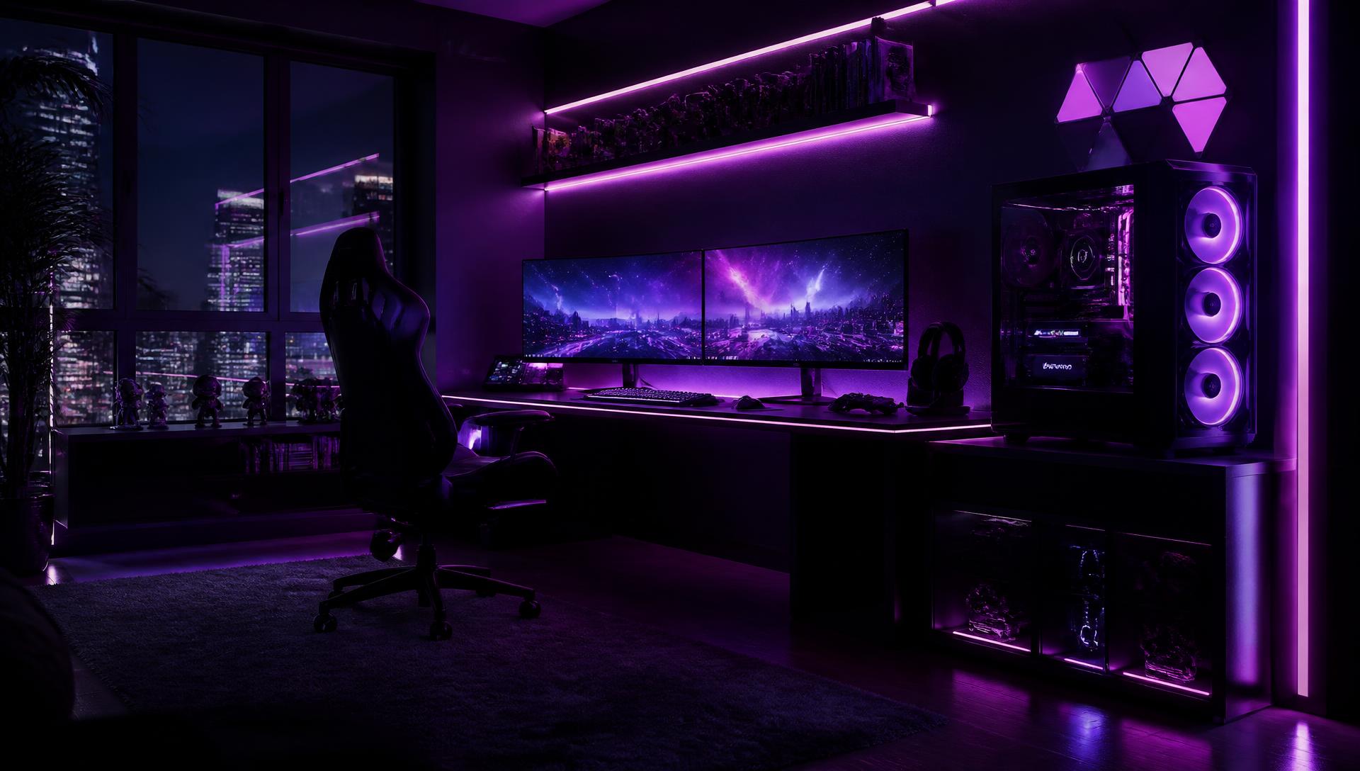 Ultra-premium RGB gaming room with dual curved monitors, mechanical keyboard and neon purple lighting